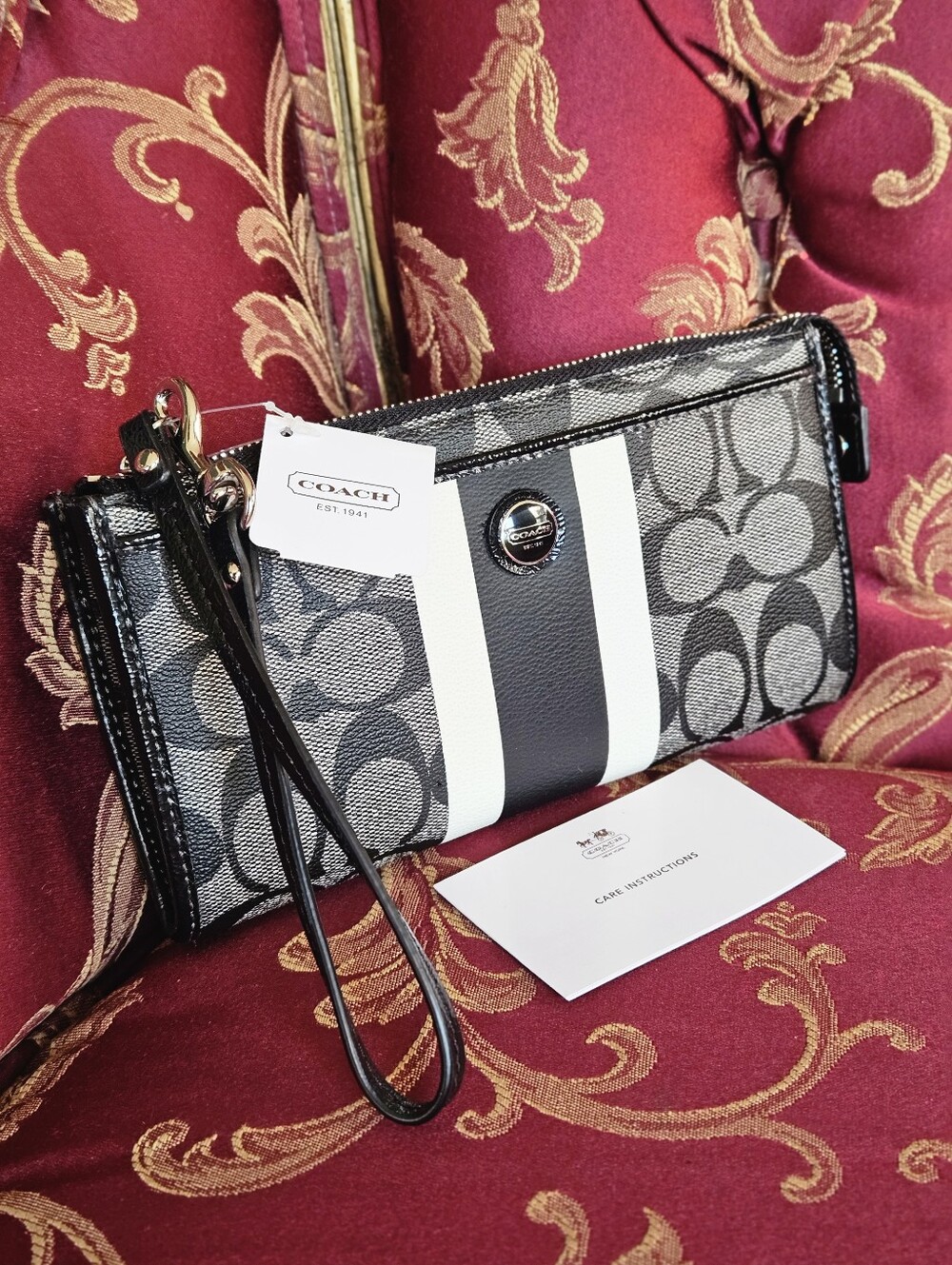 Coach Black & Gray Signature Stripe Wristlet with White Center Stripe